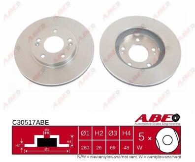Диск гальмівний пер. Hyundai Tucson (04-10), Sonata V, Kia Sportage, Magentis (280mmx26mm) ABE C30517ABE