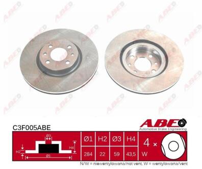 Диск тормозной передний вентилируемый D284 FIAT Linea 07-17, Fiorino 07-н.в. ABE C3F005ABE