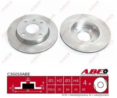 Диск гальмівний передн Лів/Прав FORD COURIER, ESCORT CLASSIC, ESCORT V, ESCORT V EXPRESS, ESCORT VI, ESCORT VI/KOMBI, FIESTA III, FIESTA IV, FIESTA V, FIESTA/HATCHBACK 1.0-1.8D 01.89- ABE C3G010ABE