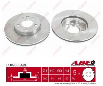 Гальмівний диск, Передній Лівий/Правий (280mmx24mm) VW TRANSPORTER IV 1.9 D/1.9 TD/2.0/2.4 D/2.4 D Syncro/2.5/2.5 Syncro/2.5 TDI/2.5 TDI Syncro/2.8 VR 6/2.8 VR6 07.90-04.03 ABE C3W005ABE