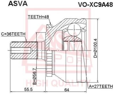 VO-XC9A48 ШРУС НАРУЖНЫЙ 27X56.7X36 (VOLVO XC90 2003-) ASVA VOXC9A48