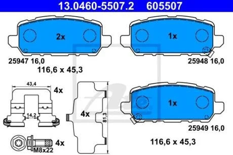 Комплект гальмівних колодок задн, HONDA HR-V 1.5-1.8 11.14- ATE 13.0460-5507.2