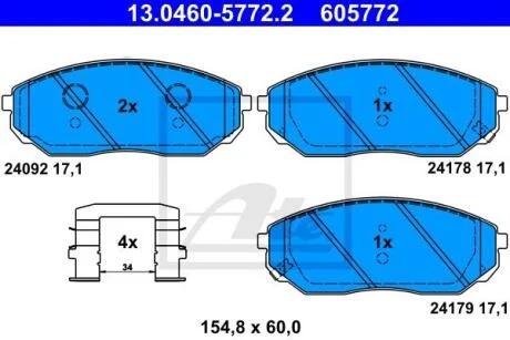 Комплект гальмівних колодок передн, KIA SORENTO I 2.4-3.5 08.02-12.11 ATE 13.0460-5772.2