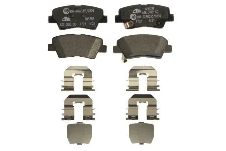 Комплект гальмівних колодок задн (з комплектуючими з шумопоглинаючою пластиною), HYUNDAI ELANTRA IV, GRANDEUR, I10 III, IX35, KONA, SONATA V, TUCSON, TUCSON/SUV 1.2-Electric 06.04- ATE 13.0460-5786.2