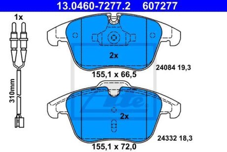Комплект гальмівних колодок передн, PEUGEOT 407, 508 I, 508/KOMBI 1.6-2.2D 05.04- ATE 13.0460-7277.2