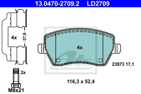 Колодки тормозные RENAULT/NISSAN LOGAN/DUSTER/CAPTUR/VESTA/CLIO3/NOTE/TIIDA 04- перед. CERAMIC ATE 13.0470-2709.2