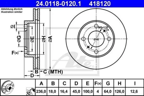 Диск гальмівний передній лів/прав MITSUBISHI CARISMA, COLT IV, COLT V, LANCER IV, LANCER V, LANCER VI, MIRAGE V 1.3-2.0D 04.92-06.06 ATE 24.0118-0120.1