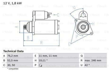 А_Стартер 12В 1.8кВт AUDI/SEAT/SKODA/VW A2/A3/Fabia/Octavia/Bora/Passat/Golf/Polo \'\'1.4-1.9 \'\'97-10 BOSCH 0 986 016 980