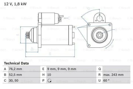VW Стартер T4 1.9-2.4/2.5D/TD 90- BOSCH 0 986 016 990