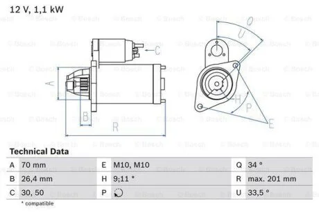 Стартер MB W204/W212 07- 1.1 kW BOSCH 0 986 020 350