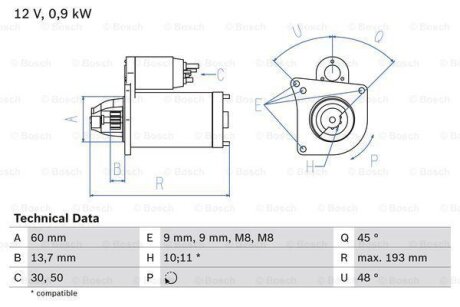 Стартер PSA C3/C4/207/208/308 06- 0.9 kW BOSCH 0 986 021 970