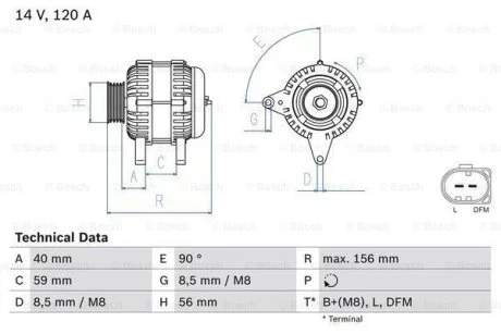 Генератор, VW T-5, 1.9 TDI, 2003> / Golf IV - Sharan, 1.9 TDI, 1995>, (120 A) BOSCH 0 986 041 860