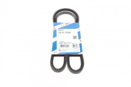 Клиновий ремінь (ширина 10, довжина 1225) DACIA 1307, 1309, 1310, 1325, PICK UP LANCIA BETA, BETA H.P.E., TREVI PEUGEOT 404, J9 RENAULT 12, 12 TOROS, 12 VARIABLE, 15, TRAFIC 1.3-5.5D 04.63- BOSCH 1 987 947 715