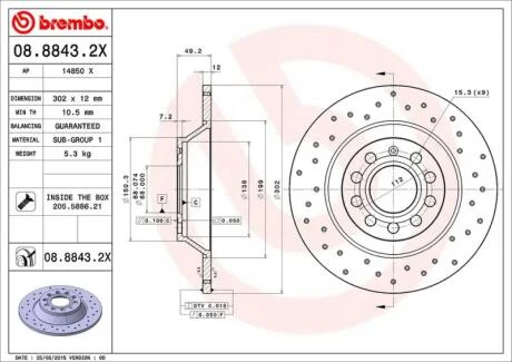 Диск тормозной AUDI A6 -11 задн.302мм. (С ПЕРФОРАЦИЕЙ) BREMBO 08.8843.2X