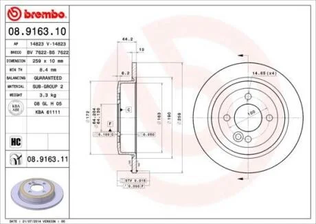 Диск тормозной MINI R50/R52/R53 03- задн. (мин. 2 шт.) BREMBO 08.9163.10