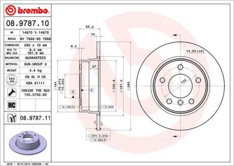 Диск тормозной BMW 1(E81)/1(E87) 03-12 1.6-1.8 задн. D=280 BREMBO 08.9787.11