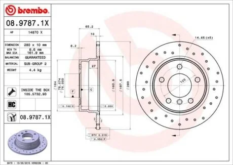 Диск тормозной BMW 1(E87) -12 (С ПЕРФОРАЦИЕЙ) зад. D=280 (мин. 2 шт.) BREMBO 08.9787.1X