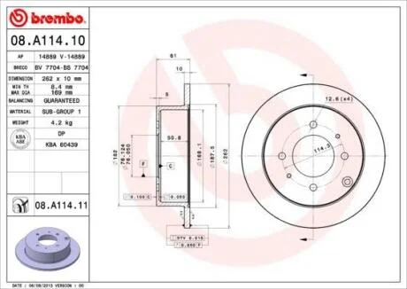 Диск тормозной HYUN/KIA SONATA/MAGENTIS 98-04 задн. BREMBO 08.A114.11