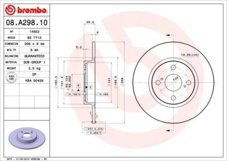 Диск тормозной TOYOTA COROLLA 97- задн. (мин. 2 шт.) BREMBO 08.A298.10