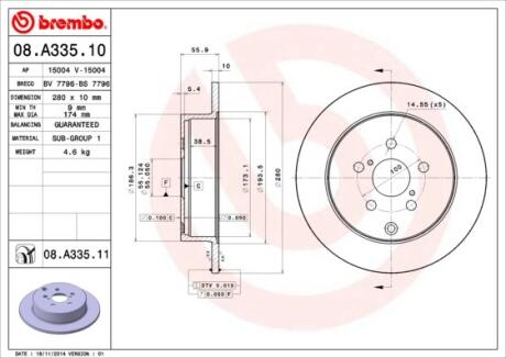 Диск тормозной TOYOTA AVENSIS 03- задн. (мин. 2 шт.) BREMBO 08.A335.11