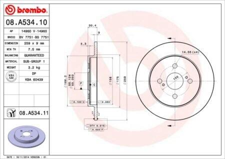 Диск тормозной TOYOTA YARIS 05- 1.0-1.8 задн. D=259 BREMBO 08.A534.11