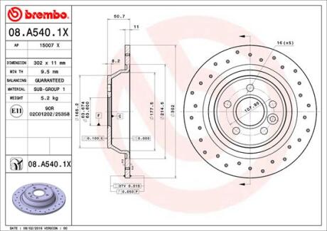 Диск тормозной FORD/LR MONDEO 4/EVOQUE 07- задн. 302мм. (С ПЕРФОРАЦИЕЙ) BREMBO 08.A540.1X
