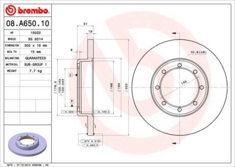 Диск тормозной OPEL/RENAULT/NISSAN MOVANO/MASTER/NV400 10- задн.302мм. BREMBO 08.A650.10