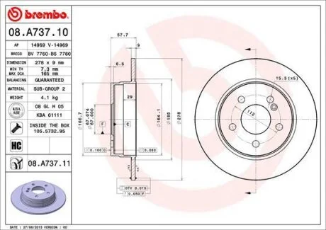 Диск тормозной MB W204 07- задн. D=278 BREMBO 08.A737.11