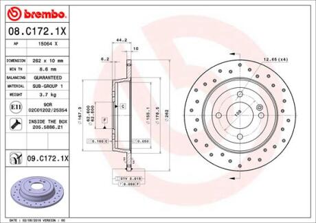 Диск тормозной HYUNDAI/KIA SOLARIS/RIO 10- задн.(с перфорацией) D=262мм. BREMBO 08.C172.1X