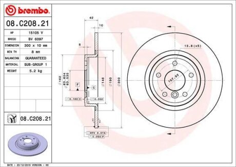 Диск тормозной JAGUAR XE/XF 15- задн.300мм. BREMBO 08.C208.21