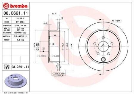 Диск тормозной SUBARU XV/FORESTER 12- передн.274мм. BREMBO 08.C661.11