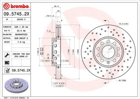 Диск тормозной AUDI A4/A6/PASSAT -05 передн.288мм. (С ПЕРФОРАЦИЕЙ) BREMBO 09.5745.2X