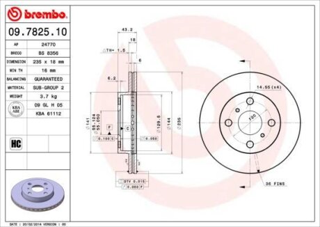 Диск тормозной TOYOTA YARIS -05 1.0-1.4 передн. вент.D=235мм. BREMBO 09.7825.10