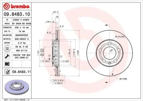 Тормозной диск вентилируемый BREMBO 09.8483.10