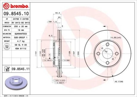 Диск тормозной TOYOTA YARIS 99- 1.0-1.5 перед.вент. D=255 BREMBO 09.8545.10