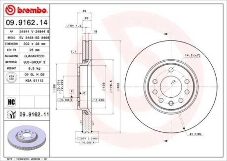 Диск тормозной OPEL VECTRA C 02- 1.8-3.2 перед. D=302 BREMBO 09.9162.14