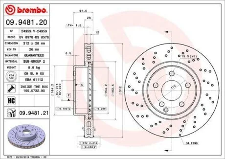 Диск тормозной MB R230 -12 передн.312мм. BREMBO 09.9481.21