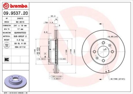 Диск тормозной HYUNDAI ACCENT/GETZ/I20/RIO 00-05 1.3-1.6 перед. BREMBO 09.9537.20