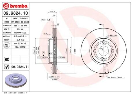Диск тормозной TOYOTA COROLLA 02-07 1.4-1.8/1.4 DIESEL перед. BREMBO 09.9824.10