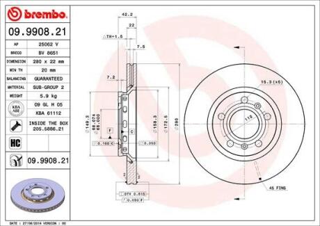 Диск тормозной VAG A8/PHAETON 02- вент. задн. D=280 BREMBO 09.9908.21