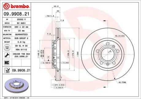 Диск тормозной VAG A8/PHAETON 02- вент. задн. D=280 BREMBO 09.9908.21