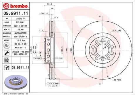 Диск тормозной VAG A8/PHAETON 02- вент. перед. D=323 BREMBO 09.9911.11