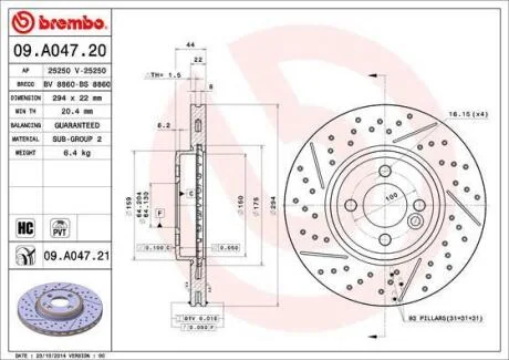 Диск тормозной MINI R50/R52/R53/R55/R56/R57 06- перед.вент. (мин. 2 шт.) BREMBO 09.A047.21