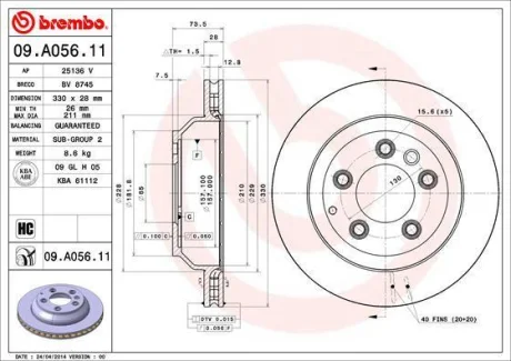 Гальмiвний диск (Диск тормозной) BREMBO 09.A056.11 (фото 1)