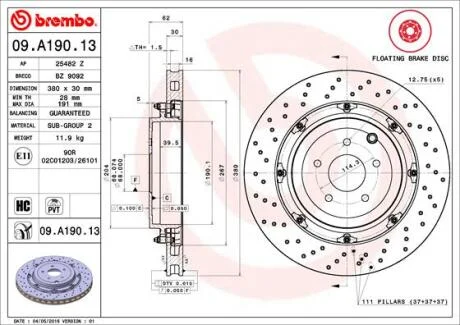 Диск тормозной NISSAN GT-R 07- задн. 380 мм. (drilled) (мин. 2 шт.) BREMBO 09.A190.13
