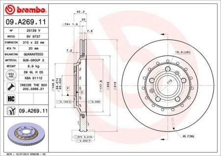 Диск тормозной VAG A8/PHAETON -10 задн.310мм.вент. BREMBO 09.A269.11