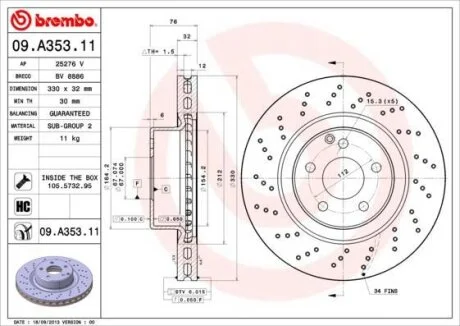 Гальмівний диск пер. W220 98-/C215 99- (330x76mm)(1шт/уп) BREMBO 09.A353.11