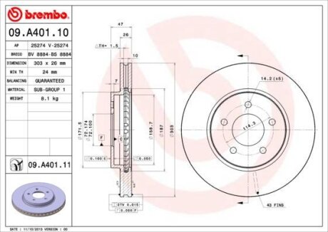 Диск тормозной FORD/MAZDA MAVERICK/TRIBUTE 04- 2.0-3.0 перед.вент. D=303 BREMBO 09.A401.11