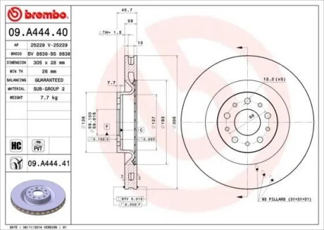 Диск торм. передний, 09- (305x28mm*5отв.) BREMBO 09.A444.40