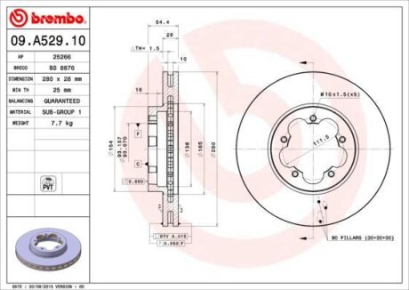 Диск тормозной FORD TRANSIT 06- перед. вент. D=280мм. BREMBO 09.A529.10